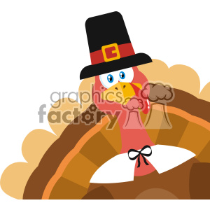 A festive Thanksgiving turkey wearing a pilgrim hat and collar, featuring colorful tail feathers in a cartoon style.