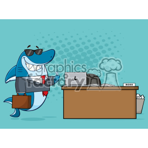   This clipart image depicts an anthropomorphic shark dressed in business attire, including a tie and holding a briefcase. The shark stands beside a desk with an open book, a laptop featuring a fruit logo, and a nameplate that says BOSS. It also wears sunglasses and has a happy expression, along with a thumbs up gesture. Additionally, there
