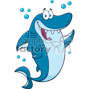 The image displays a cartoon depiction of a happy, anthropomorphic blue shark. This animated shark features a large, friendly smile, human-like eyes, and is surrounded by small bubbles, which adds to its comedic and lighthearted appearance.
