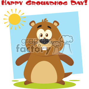 The image is a colorful and cheerful clipart depicting a cartoon groundhog character standing on a patch of green grass against a blue background with a yellow sun. Above the character is the text HAPPY GROUNDHOG DAY! suggesting that the illustration is meant to celebrate Groundhog Day. The groundhog character has a friendly and amusing appearance with a round body, big eyes, a small pair of ears, and a prominent front tooth, which adds to the comical and whimsical nature of the image.