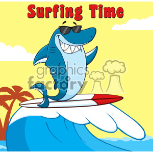This clipart image features a humorous and cartoonish rendition of a blue shark character wearing sunglasses and engaging in the sport of surfing. The shark appears cheerful and is standing on a red and white surfboard which is cresting over a blue wave. In the background, there's a yellow and red gradient sky with the text Surfing Time in bold red letters, a few clouds, and a silhouette of palm trees, suggesting a tropical setting.