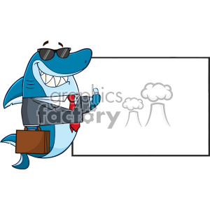   The clipart image features an anthropomorphic shark character dressed in business attire, which includes a dark suit, red tie, and white shirt. The shark is wearing sunglasses, has a wide grin, and is carrying a brown briefcase. It is gesturing with a thumbs-up sign and is positioned next to a blank whiteboard or sign, which can be used to include text or other visual content. 