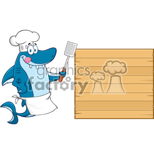 Chef Blue Shark Cartoon Licking His Lips And Holding A Spatula To Wooden Blank Board Vector