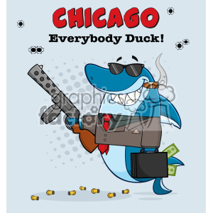 10415 Smiling Shark Gangster Cartoon Carrying A Briefcase Holding A Big Gun And Smoking A Cigar Vector With Gray Halftone Background And Text Chicago