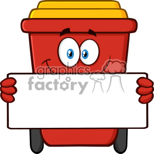 Smiling Red Recycle Bin Cartoon Mascot Character Holding A Blank Sign Vector