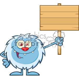 Smiling Little Yeti Cartoon Mascot Character Holding Up A Wooden Blank Sign Vector