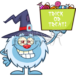 Cute Little Yeti Cartoon Mascot Character With Witch Hat Holding Up A Trick Or Treat Halloween Candy Basket Vector