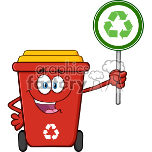   Cute Red Recycle Bin Cartoon Mascot Character Holding A Recycle Sign Vector 