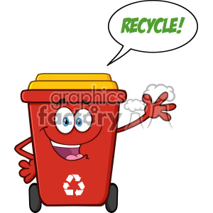 Happy Red Recycle Bin Cartoon Mascot Character Waving For Greeting With Speech Bubble And Text Recycle Vector