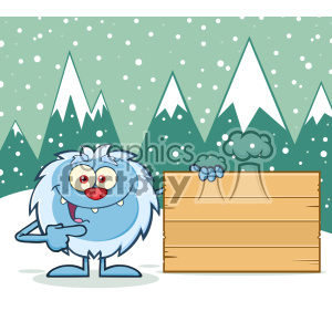 Cute Little Yeti Cartoon Mascot Character Pointing To A Wooden Blank Sign Vector With Winter Background