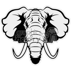 Clipart image of an elephant's head with large ears and tusks, illustrated in black and white.