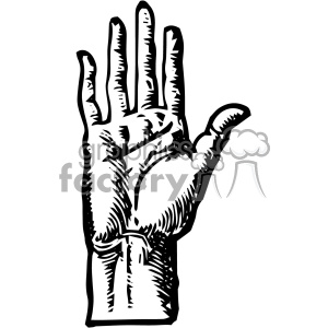 A black and white vintage clipart illustration of an open hand with fingers spread apart.