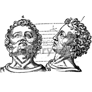 An antique black and white woodcut-style illustration of a man's head viewed from different angles, with dotted lines indicating various points of perspective.