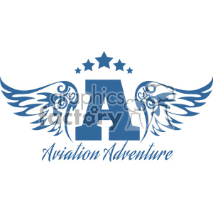 Clipart image featuring a large letter 'A' with stylized wings extending from either side, adorned with five stars above, and 'Aviation Adventure' text beneath in cursive.