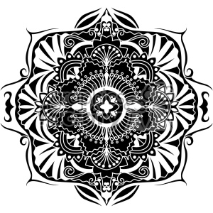 A detailed black and white mandala design with intricate patterns and symmetrical shapes, often used for decoration, meditation, and artistic purposes.
