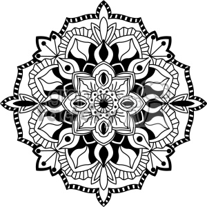 This clipart image features an intricate black and white mandala design. The symmetrical pattern includes floral and geometric elements, with detailed shapes such as petals, leaves, and teardrops. This decorative illustration is commonly used in art, meditation, and relaxation contexts.