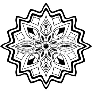 A black and white mandala design with intricate and symmetrical patterns including teardrop shapes, leaves, and geometric diamond shapes.