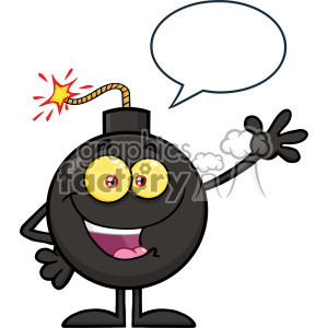 A cartoon bomb character with a lit fuse, expressive eyes, a big smile, and a speech bubble, waving one hand.