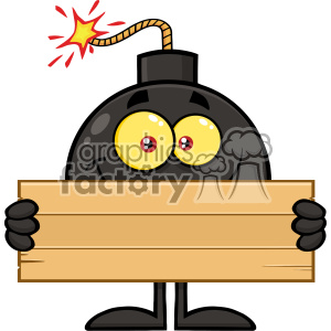 A cute cartoon bomb character holding a blank wooden sign. The bomb has yellow eyes and a lit fuse on top.