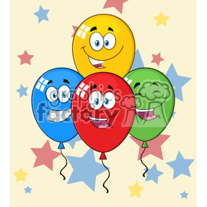 4 different colored balloons in red, green, yellow and blue. They have happy expressions, with different colored stars around them