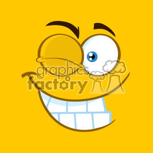 A comical yellow face with one eye open and a wink, displaying a big happy grin.