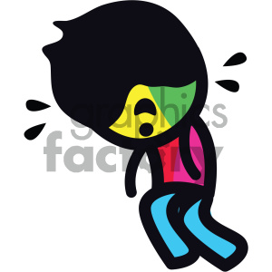 This clipart image depicts a stylized character in a distressed state. The character has a large, teardrop-shaped head that is bowed down, with black shadows cast over the face to indicate sadness or depression. The character's body language, with slumped shoulders and a seated position, also conveys a sense of being tired, depressed, or stressed. The character is outlined in bold black and features bright colors such as yellow, green, pink, and blue.