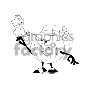 black and white cartoon beach ball character with a bird