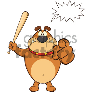 The clipart image features a cartoon representation of a bulldog standing upright, appearing angry or menacing. The dog is holding a baseball bat in one hand and is pointing with the other hand. The bulldog has a spiked collar and a stern expression on its face, complemented by a speech bubble that suggests it is about to speak or shout.