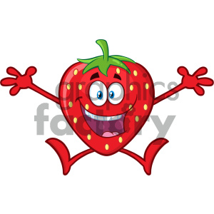 Royalty Free RF Clipart Illustration Happy Strawberry Fruit Cartoon Mascot Character With Open Arms Jumping Vector Illustration Isolated On White Background
