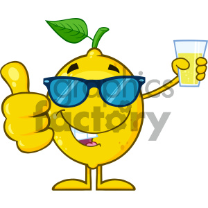 Royalty Free RF Clipart Illustration Yellow Lemon Fresh Fruit With Green Leaf Cartoon Mascot Character With Sunglasses Holding A Glass Of Lemonade And Giving A Thumb Up Vector