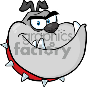 This clipart image features a cartoon depiction of a grey bulldog. It has exaggerated facial features such as large blue eyes, a sizeable overbite with prominent canine teeth, a furrowed brow indicating a grumpy or tough expression, and a spiked red collar that is often associated with tough or strong dogs in cartoons.