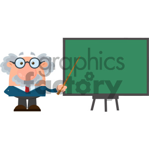 A cartoon character resembling a professor or teacher standing next to a chalkboard, holding a pointer.