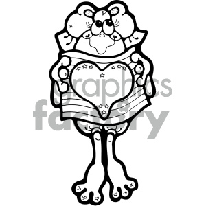 A whimsical frog character holding a heart-shaped object decorated with stars, symbolizing patriotic themes.