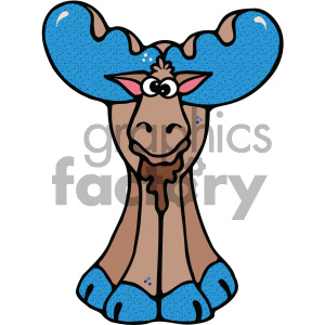 The clipart image depicts a cartoon moose. The moose has large, blue antlers dotted with lighter blue speckles. It features a friendly face, with a big nose, wide eyes, and a smile. The moose's fur is brown, and it has some blue patches on its knees as well.