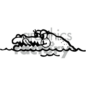   The image is a black and white clipart depicting an alligator or crocodile. The animal is shown floating or swimming in water with its back and head partially above the water surface. Its eyes, teeth, and the texture of its skin are stylized in a simplified manner. 