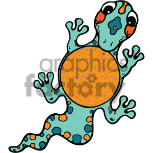 The clipart image shows a brightly colored cartoon gecko or lizard. It has a teal body speckled with small orange spots and larger orange and blue markings. The gecko's underbelly is a bright orange color also dotted with speckles. It has large, friendly eyes and a playful expression.