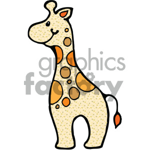 The clipart image depicts a stylized giraffe with a patterned body featuring orange spots and hearts. It has a cheerful expression, simple facial features, and its tail is tipped with an orange tuft.