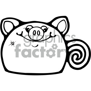 The clipart image features a simple, stylized depiction of a pig's face. The pig has a round head, a snout with two nostrils, circular eyes, and ears that stick out on both sides. There appears to be a spiral shape, suggestive of a tail, on the right side of the image, which is a humorous twist as pigs' tails are typically not located on their faces. Additionally, there is a small starburst or sparkle shape near its cheek, which could suggest cleanliness, cuteness, or a cheeky personality.