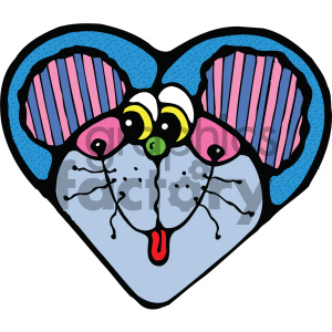 This clipart image features a stylized depiction of two mice with large, cartoony ears, eyes, and prominent whiskers. They appear to be facing each other, forming a heart shape with their noses touching in the center and their ears creating the top of the heart. Their bodies are not shown, and the image focuses on their facial features and ears, which are filled with a striped pattern. The background within the heart shape is speckled blue.