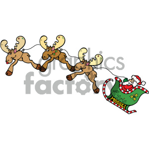 This is a playful and festive Christmas-themed clipart image featuring three animated moose with large antlers flying through the air. These moose are whimsically decorated with Christmas lights and holly, and one moose has a glowing red nose, reminiscent of the famous reindeer Rudolph. They are pulling a green sleigh that is filled with presents and being ridden by Santa Claus. The sleigh has the words Merry Chris Moose! written on its side, adding a humorous pun to the scene.