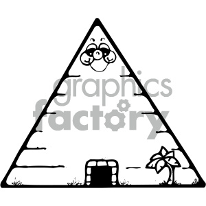 A cartoon pyramid clipart with a face on top, a small entrance at the bottom, and a single palm tree on the right side.