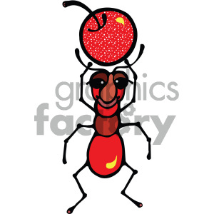 A cartoon ant holding a red cherry above its head in a cheerful and delighted manner.