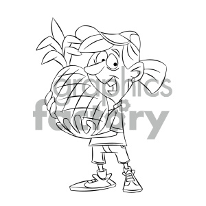 Black and white cartoon girl holding huge pineapple