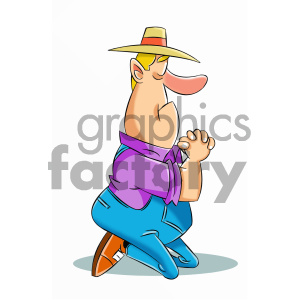 The clipart image depicts a cartoon farmer who is praying for rain. The farmer appears to be a mascot or a funny character, and he is dressed in typical farming attire. The image suggests that there is a drought on the farm and the farmer is seeking divine intervention for rainfall to help his crops grow.