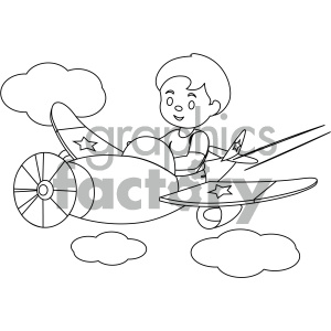 black and white coloring page boy flying an airplane vector illustration