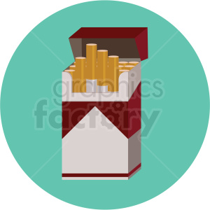 An illustration of an open cigarette pack containing several cigarettes, set against a teal circular background.