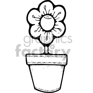 Black and white clipart image of a smiling flower in a decorative pot.