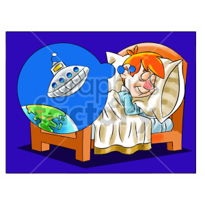 This clipart image depicts a scene where a child, likely a boy given the keywords, is sleeping soundly in his bed. The boy appears to be smiling and dreaming, as indicated by a thought bubble that contains a classic flying saucer-style UFO hovering above a stylized Earth. The image captures the imagination of the child, suggesting he is dreaming about space and UFOs. The colors are vibrant, with a predominance of blue hues that may represent the night sky or the dream space.