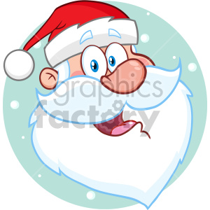 The image is a colorful and cartoonish portrayal of Santa Claus. It features a smiling face with a big white beard, a red Santa hat with a white trim and pom-pom, cheerful blue eyes, a red nose, and a round, rosy cheek. There's also a hint of a snowflake-filled backdrop, suggesting a wintry, Christmas scene.