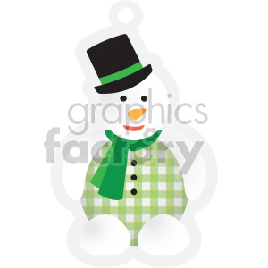 Clipart image of a snowman with a black top hat, green scarf, and checkered green coat, symbolizing Christmas and winter.